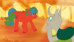 Size: 1920x1080 | Tagged: safe, artist:euspuche, oc, oc only, oc:sasir, oc:summer lights, changedling, changeling, pegasus, animated, autumn, fluffy, forest, frame by frame, gif, glasses, green changeling, looking at each other, open mouth, sunlight, sunset, ych result