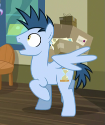 Size: 423x505 | Tagged: safe, screencap, pegasus, pony, between dark and dawn, alternate hairstyle, background pony, cropped, mail, male, package, post office, raised hoof, stallion, surprised, time flies
