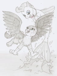 Size: 1280x1692 | Tagged: safe, artist:ravenpuff, gabby, terramar, griffon, seapony (g4), female, gabbymar, male, pencil drawing, shipping, traditional art, water