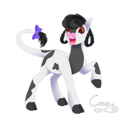 Size: 1200x1200 | Tagged: safe, artist:sugarponypie, oc, oc only, oc:bluebell, cow, cow pony, bow, commission, female, looking at you, monkey swings, open mouth, simple background, solo, tail bow, transparent background