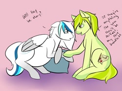 Size: 1024x760 | Tagged: safe, artist:painted-affection, oc, oc:arctic mist, oc:kiwi lime, earth pony, pegasus, pony, female, male, mare, oc x oc, pillow, pregnant, shipping, stallion, teary eyes, worried