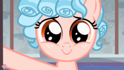 Size: 600x338 | Tagged: safe, screencap, cozy glow, pegasus, pony, school raze, animated, cozy glow is best facemaker, cozy glow is not amused, cozybetes, curly hair, cute, door, facade, fake smile, female, filly, foal, freckles, glare, locked, narrowed eyes, school of friendship, solo, unamused