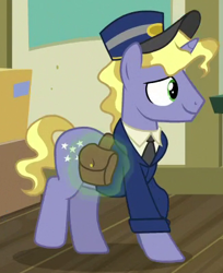 Size: 328x401 | Tagged: safe, screencap, ponet, pony, unicorn, between dark and dawn, clothes, cropped, hat, jacket, mailbag, mailpony, male, necktie, shirt, solo, stallion