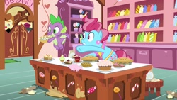 Size: 1920x1080 | Tagged: safe, screencap, cup cake, spike, dragon, pony, the big mac question, cake, flour, food, paper, pie, rolling pin, winged spike