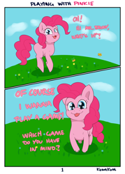 Size: 3114x4354 | Tagged: safe, artist:kumakum, pinkie pie, earth pony, pony, comic:playtime with pinkie, cloud, comic, dialogue, female, flower, grass, looking at you, mare, open mouth, smiling, solo, tongue out