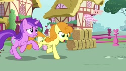 Size: 1920x1080 | Tagged: safe, screencap, amethyst star, carrot top, golden harvest, millie, sparkler, earth pony, pony, unicorn, the big mac question, background pony, female, hay bale, mare, running