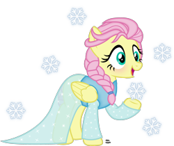 Size: 2152x1804 | Tagged: safe, artist:anime-equestria, fluttershy, pegasus, pony, alternate hairstyle, blushing, braid, clothes, cute, disney, dress, elsa, female, frozen (movie), hairband, happy, long sleeves, mare, open mouth, parody, shyabetes, simple background, snow, snowflake, solo, sparkles, transparent background, vector, wings