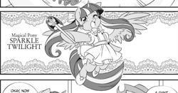 Size: 1820x952 | Tagged: safe, seven seas, twilight sparkle, twilight sparkle (alicorn), alicorn, pony, my little pony: the manga, my little pony: the manga volume 1, spoiler:manga, spoiler:manga1, clothes, dress, magical girl, manga, monochrome, scepter, transformation, twilight scepter