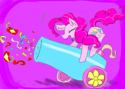 Size: 1280x905 | Tagged: safe, artist:blutmie89, pinkie pie, earth pony, pony, eyes closed, female, firing, mare, party cannon, purple background, simple background, solo