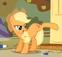Size: 791x726 | Tagged: safe, screencap, applejack, earth pony, pony, fall weather friends, bucking, cropped, female, freckles, looking back, mare, open mouth, raised hoof, smiling, solo