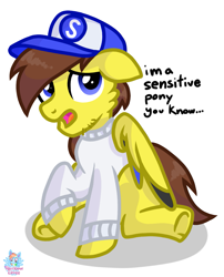 Size: 973x1207 | Tagged: safe, artist:rainbow eevee, oc, oc only, oc:ponyseb, clothes, folded wings, hat, looking at you, raised hoof, sensitive, simple background, solo, text, white background, wings