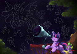 Size: 7016x4961 | Tagged: safe, artist:spacesheep-art, discord, princess twilight 2.0, spike, twilight sparkle, twilight sparkle (alicorn), unicorn twilight, alicorn, dragon, unicorn, the last problem, absurd resolution, constellation, cutie mark, duo, end of ponies, feather, female, future, golden oaks library, male, mare, paper, telescope