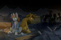 Size: 3866x2568 | Tagged: safe, artist:djkaskan, oc, oc:littlepip, oc:monterey jack, earth pony, pony, unicorn, fallout equestria, bobby pin, chained, clothes, cuffs, fanfic, fanfic art, female, glowing horn, hooves, horn, levitation, lockpicking, magic, male, mare, night, pipbuck, plank, screwdriver, shackles, sitting, slaver, slavery, stallion, standing, telekinesis, vault suit