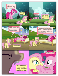 Size: 612x802 | Tagged: safe, artist:newbiespud, edit, edited screencap, screencap, fluttershy, pinkie pie, bat pony, butterfly, earth pony, pegasus, pony, comic:friendship is dragons, bats!, too many pinkie pies, bat ponified, cheek squish, comic, dialogue, eyes closed, fangs, female, flutterbat, mare, race swap, screencap comic, sofa, squishy cheeks, tree