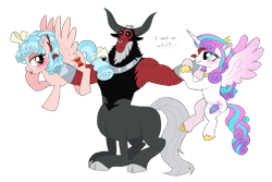 Size: 1512x1011 | Tagged: safe, artist:unoriginai, cozy glow, lord tirek, princess flurry heart, alicorn, centaur, pegasus, pony, adorable distress, armpits, blushing, bow, bracer, clothes, cloven hooves, colored hooves, cozirek, cozyheart, cute, dialogue, female, femdom, flirting, flurrek, frown, hair bow, i need an adult, jewelry, lesbian, male, mare, nose piercing, nose ring, older, older cozy glow, older flurry heart, ot3, piercing, presenting, regalia, scared, shipping, shoes, simple background, smiling, straight, tail bow, text bubbles, tirebetes, tirek gets all the mares, tongue out, transparent background, updated image, wall of tags