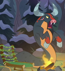 Size: 560x612 | Tagged: safe, screencap, ophiotaurus, frenemies (episode), campfire, chair, cloven hooves, cropped, fire, male, solo