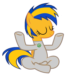 Size: 1172x1225 | Tagged: safe, artist:mlpfan3991, oc, oc only, oc:flare spark, pegasus, base used, bodysuit, catsuit, cute, eyes closed, fantasy class, female, hippie, jewelry, latex, latex suit, lotus position, meditating, meditation, necklace, peace suit, peace symbol, peaceful, rubber suit, simple background, smiling, solo, transparent background, warrior