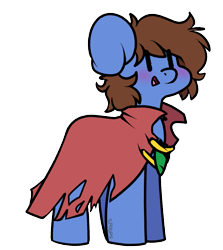 Size: 1151x1288 | Tagged: safe, artist:spoopygander, oc, oc:bizarre song, pegasus, pony, blushing, cape, chibi, clothes, cute, happy, hidden wings, jewellry, male, smiling, solo, stallion