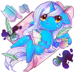 Size: 894x894 | Tagged: safe, artist:tiazimossygreen, oc, oc:fleurbelle, alicorn, adorabelle, alicorn oc, book, bow, chibi, cute, hair bow, ink, looking at you, quill pen, spilled ink