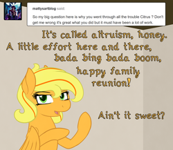 Size: 1000x867 | Tagged: safe, artist:phoenixswift, oc, oc:citrus twist, pegasus, pony, ask fuselight, female, mare, solo