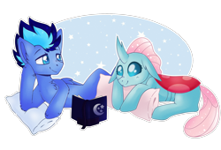 Size: 2200x1500 | Tagged: safe, artist:vert_glamis, ocellus, oc, oc:jet stream, changedling, changeling, pony, blushing, book, canon x oc, commission, cute, diaocelles, female, floppy ears, looking at each other, male, pillow, prone, simple background, smiling, stallion, straight, transparent background