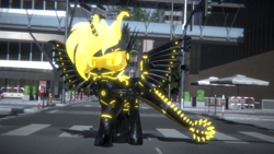 Size: 3840x2160 | Tagged: safe, artist:phoenixtm, oc, oc:phoenix stardash, cyborg, dracony, hybrid, pony, 3d, city, dracony alicorn, looking at you, mask, minigun, shiny, spread wings, visor, weapon, wings