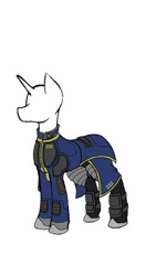 Size: 288x512 | Tagged: safe, fallout equestria, fallout equestria: kingpin, armor, armored legs, clothes, concept art, mannequin, shoes, stable 232, stable 232 overmare suit, vault suit