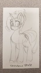 Size: 288x512 | Tagged: safe, artist:crimmharmony, oc, oc only, oc:shadow spade, unicorn, fallout equestria, fallout equestria: kingpin, appreciation, beauty mark, blank, blank flank, blank of rarity, female, gift art, lawbringer, mare, not rarity, photo, shy, sketch, solo, spots, traditional art, unicorn oc