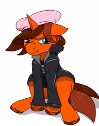 Size: 2419x3057 | Tagged: safe, artist:mcsplosion, oc, oc:painterly flair, pony, unicorn, about to cry, angry, beret, clothes, costume, female, halloween, halloween costume, hat, jacket, leather jacket, nine inch nails, scrunchy face, shirt, solo, t-shirt, teary eyes, trent reznor, unshorn fetlocks