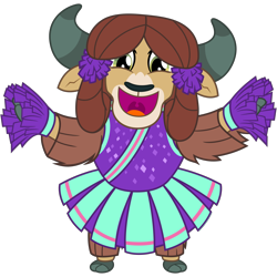 Size: 3200x3200 | Tagged: safe, artist:cheezedoodle96, yona, yak, 2 4 6 greaaat, .svg available, bipedal, cheering, cheerleader, cheerleader outfit, cheerleader yona, clothes, cloven hooves, cute, female, horns, looking at you, monkey swings, open mouth, pleated skirt, pom pom, simple background, skirt, smiling, solo, svg, teenager, transparent background, uvula, vector, yonadorable