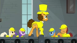 Size: 1920x1080 | Tagged: safe, screencap, cheese sandwich, earth pony, pony, the last laugh, background pony, clothes, conveyor belt, female, giggleberry, hard hat, hat, male, mare, pun twirl, stallion, suit, top hat, unnamed pony