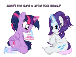 Size: 8000x6000 | Tagged: safe, artist:nightmaremoons, derpibooru import, rarity, twilight sparkle, twilight sparkle (alicorn), alicorn, pony, unicorn, alternate hairstyle, cup, food, show accurate, simple background, tea, teacup, transparent background, vector