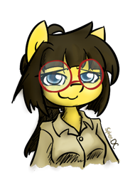 Size: 355x450 | Tagged: safe, alternate version, artist:spheedc, oc, oc only, oc:sphee, anthro, earth pony, breasts, clothes, digital art, female, glasses, redraw, simple background, smug, solo, transparent background