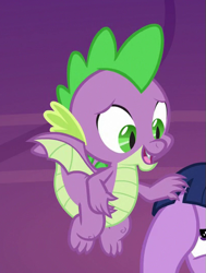 Size: 403x532 | Tagged: safe, screencap, spike, twilight sparkle, twilight sparkle (alicorn), alicorn, dragon, between dark and dawn, claws, comforting, cropped, flying, male, offscreen character, spread wings, toes, winged spike, wings