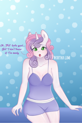 Size: 600x900 | Tagged: safe, artist:worthialumi, sweetie belle, anthro, unicorn, blushing, breasts, confused, female, looking at you, sexy, solo, sweetie boobs