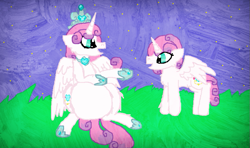 Size: 843x500 | Tagged: safe, artist:sparklebrush, princess flurry heart, pony, adult, belly, female, filly, hoof shoes, multiple pregnancy, older, older flurry heart, pregnant, self ponidox, sitting, time paradox