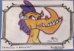 Size: 2634x1838 | Tagged: safe, artist:melisareb, billy (dragon), dragon, bust, faic, smirk, solo, traditional art, twiface, 🅱