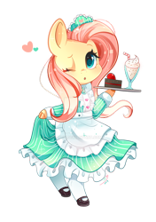 Size: 600x854 | Tagged: safe, artist:ipun, part of a set, fluttershy, pegasus, pony, bipedal, cake, clothes, cloven hooves, colored hooves, cute, deviantart watermark, dress, female, fluttermaid, food, heart, maid, mare, milkshake, obtrusive watermark, one eye closed, open mouth, shyabetes, simple background, solo, transparent background, tray, watermark, wink