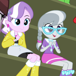 Size: 800x800 | Tagged: safe, screencap, diamond tiara, silver spoon, equestria girls, friendship games, braided ponytail, clothes, cropped, duo focus, ear piercing, earring, glasses, jacket, jewelry, necklace, piercing, smiling