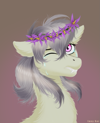 Size: 673x824 | Tagged: safe, artist:lucykor, oc, oc only, oc:gravel shine, bat pony, pony, bat pony oc, crying, fangs, floppy ears, floral head wreath, flower, fluffy, male, sad, slit eyes, solo