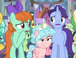 Size: 1259x957 | Tagged: safe, screencap, citrine spark, cozy glow, fire quacker, huckleberry, november rain, peppermint goldylinks, violet twirl, pegasus, pony, unicorn, school raze, cozy glow is best facemaker, cozybetes, cropped, cute, friendship student, talking, trio focus