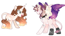 Size: 2254x1270 | Tagged: safe, artist:manella-art, oc, oc:manella, oc:vernia nix amore, pegasus, pony, unicorn, chest fluff, collar, female, flower, flower in hair, hair over one eye, mare, multicolored hair, tail feathers