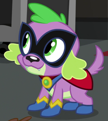 Size: 730x815 | Tagged: safe, screencap, humdrum, spike, spike the regular dog, dog, equestria girls, movie magic, spoiler:eqg specials, clothes, costume, cropped, cute, power ponies, solo, spikabetes