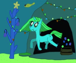 Size: 1280x1053 | Tagged: safe, artist:sb1991, oc, oc only, oc:ocean blue, fish, pony, unicorn, box, cave, christmas, coral, decorating, decoration, hearth's warming, hearth's warming eve, holiday, light, ocean, ornament, ornaments, starfish, underwater