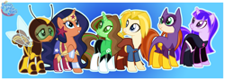 Size: 2963x1050 | Tagged: safe, artist:nsmah, earth pony, pegasus, pony, unicorn, armor, base used, batgirl, belt, boots, bumblebee, cape, clothes, dc comics, dc superhero girls, ear piercing, earring, female, green lantern, jewelry, lasso, lasso of truth, mare, mask, piercing, ponified, raised hoof, rope, shoes, skirt, supergirl, wonder woman, zatanna