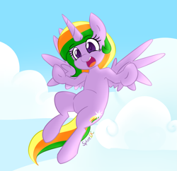 Size: 2201x2127 | Tagged: safe, artist:spheedc, oc, oc:crystal magic, alicorn, pony, alicorn oc, arms wide open, cloud, digital art, female, flying, horn, mare, sky, smiling, solo, wings