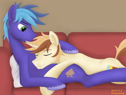 Size: 2850x2145 | Tagged: safe, artist:dash wang, oc, oc:cream brun, oc:memory mark, earth pony, pony, unicorn, colored hooves, couple, cuddling, eyes closed, hug, lying down, male, multicolored mane, pillow, room, sleeping, sofa