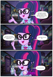 Size: 606x877 | Tagged: safe, edit, editor:biggernate91, sci-twi, spike, spike the regular dog, timber spruce, twilight sparkle, dog, comic:midnight sparkle takeover, equestria girls, equestria girls series, comic, geode of telekinesis, glow, jacksepticeye, magical geodes, parody, phone, sci-twi's room