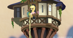 Size: 1413x745 | Tagged: safe, artist:angelea-phoenix, oc, oc:summer sun, alicorn, pony, clothes, female, mare, rapunzel, solo, tangled (disney), tower