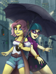 Size: 2693x3508 | Tagged: safe, artist:gabbslines, juniper montage, vignette valencia, equestria girls, clothes, duo, fanfic, fanfic art, fanfic cover, glasses, parody, rain, shorts, skirt, traffic light, umbrella